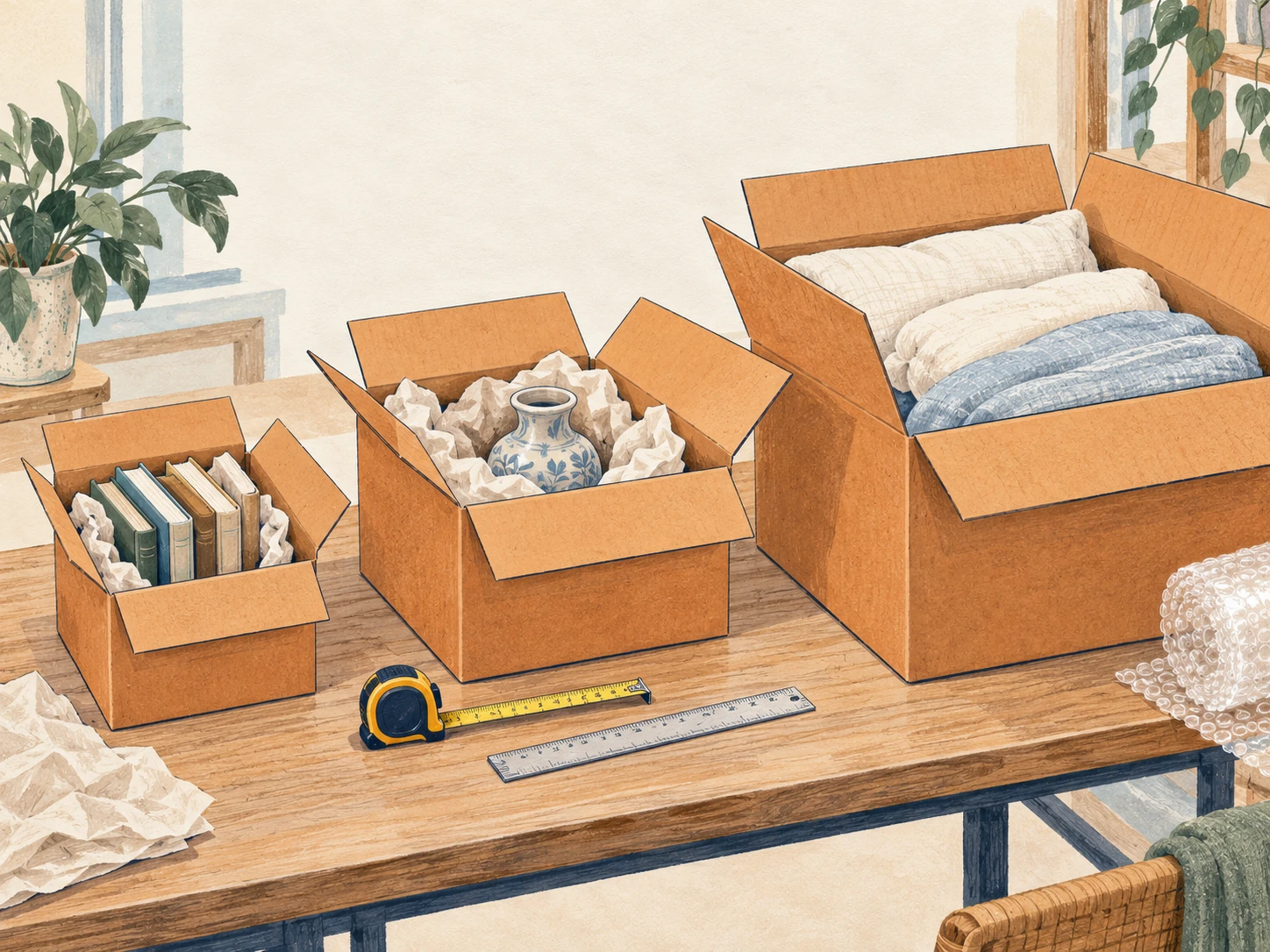 Small, medium, and large moving boxes with books, a padded vase, pillows, and a tape measure