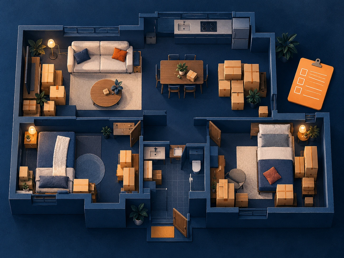 How Many Moving Boxes Do I Need? illustration showing a home, stacked boxes, and a planning checklist