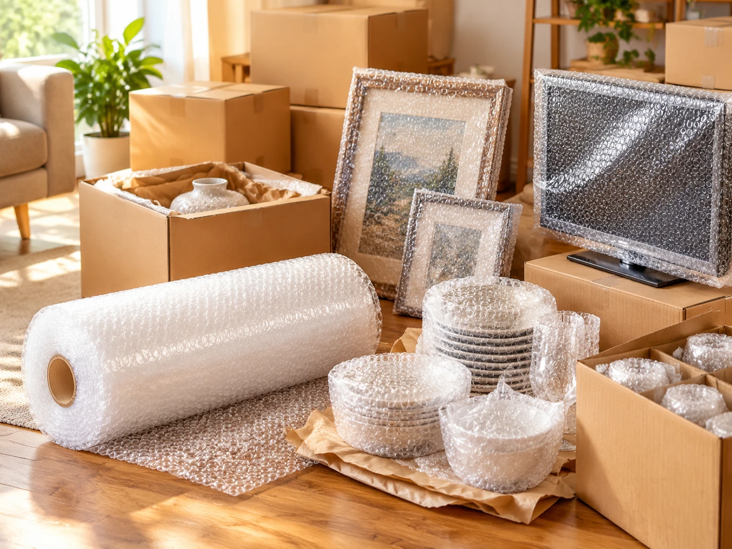 Bubble wrap roll beside wrapped dishes, glassware, artwork, electronics, and labeled moving boxes