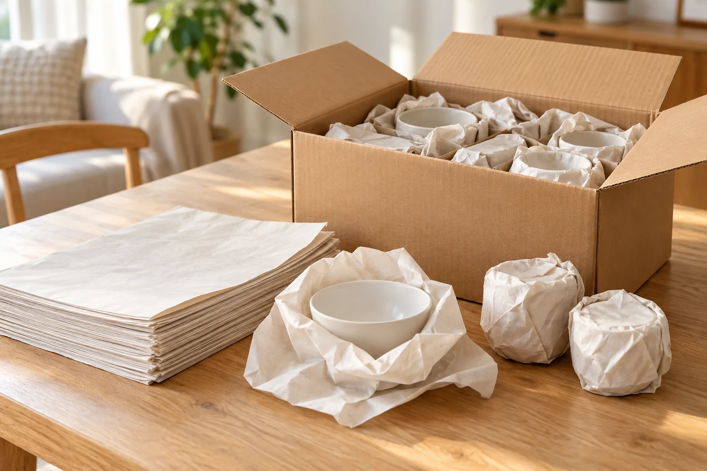 Clean packing paper beside individually wrapped dishes and a cushioned moving box on a table