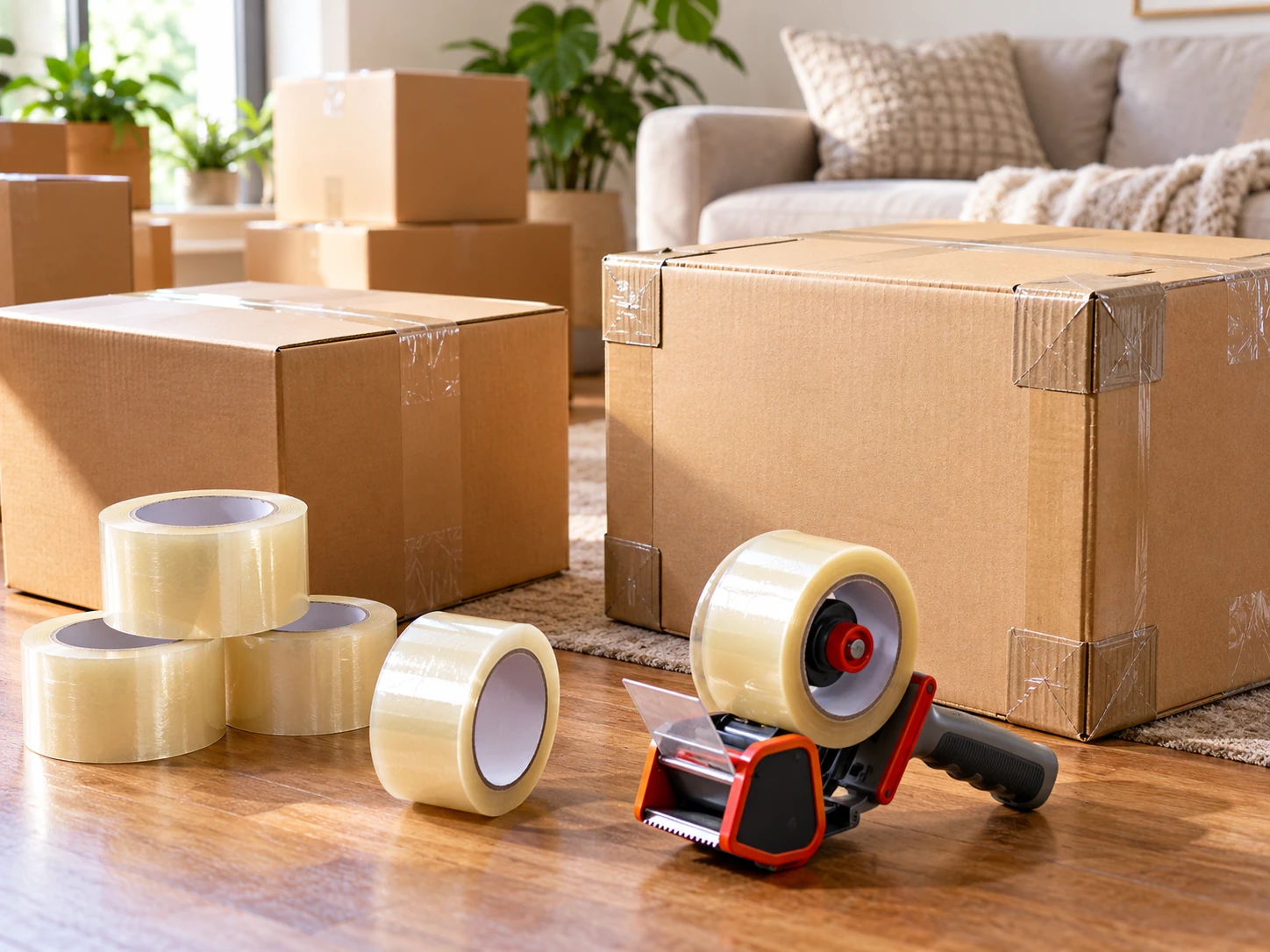 Packing tape rolls, dispenser, and sealed moving boxes with reinforced corners
