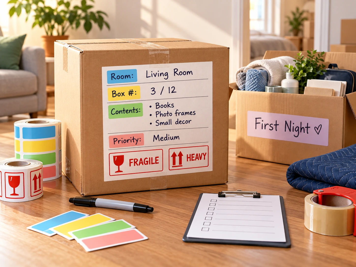 Moving box with a clear room, number, contents, priority, and fragile label beside a packing inventory