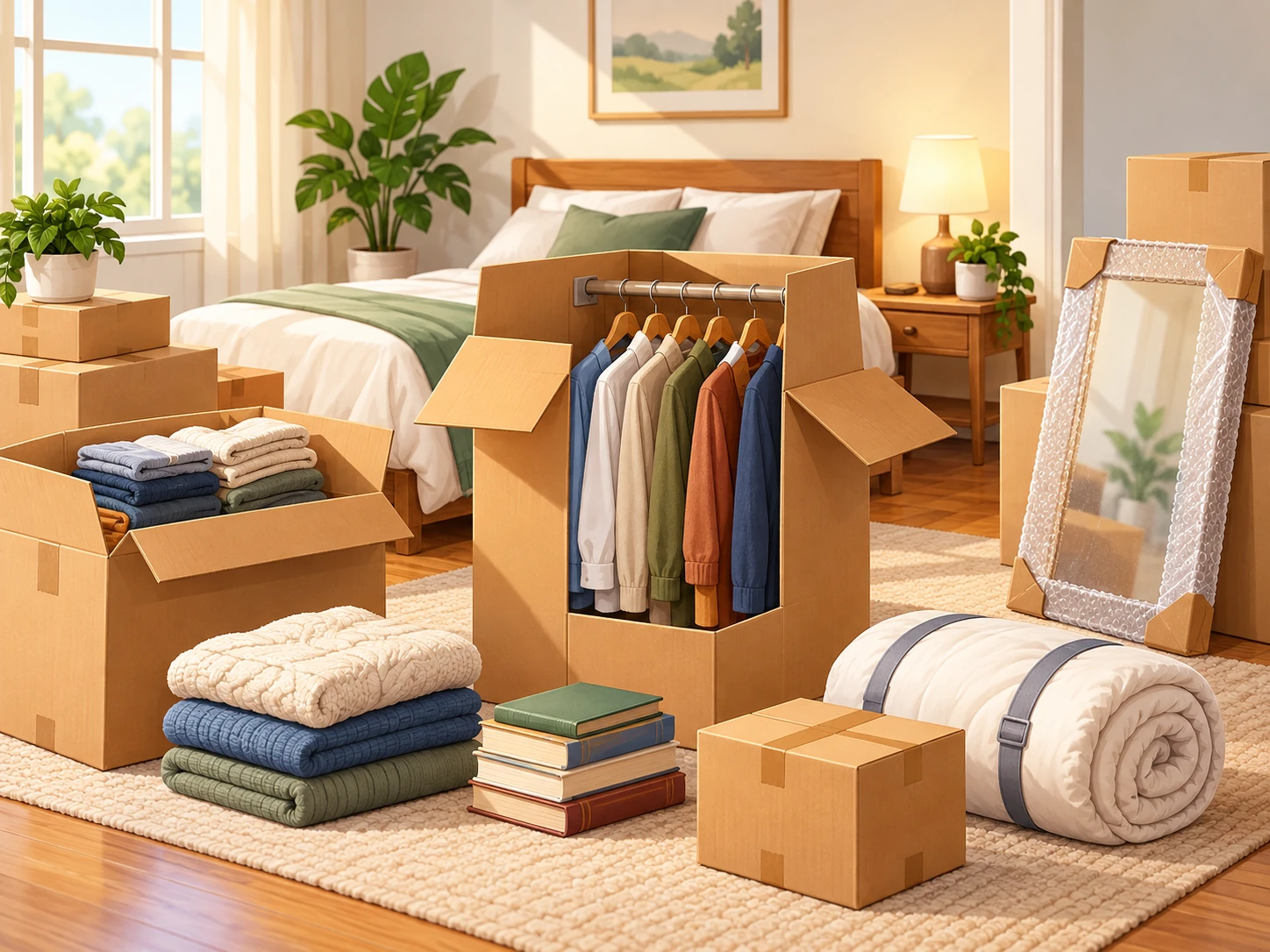 Bedroom packing illustration with wardrobe box, folded clothes, bedding, labeled boxes, and a bed