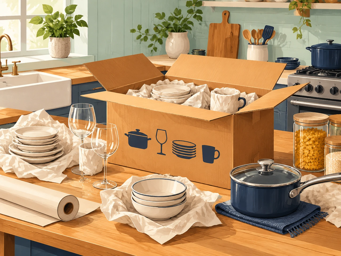 Kitchen packing illustration with labeled moving box, plates, glass, and cookware