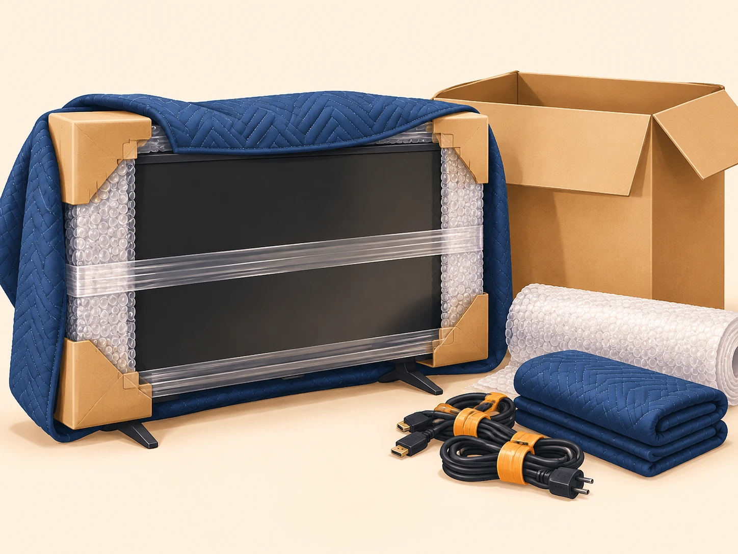 Illustration of a television wrapped in a moving blanket with corner protection beside a moving box