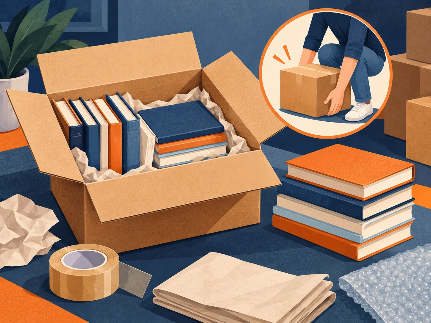 How to Pack Books Without Making Boxes Too Heavy illustration showing books in a small box with a weight check