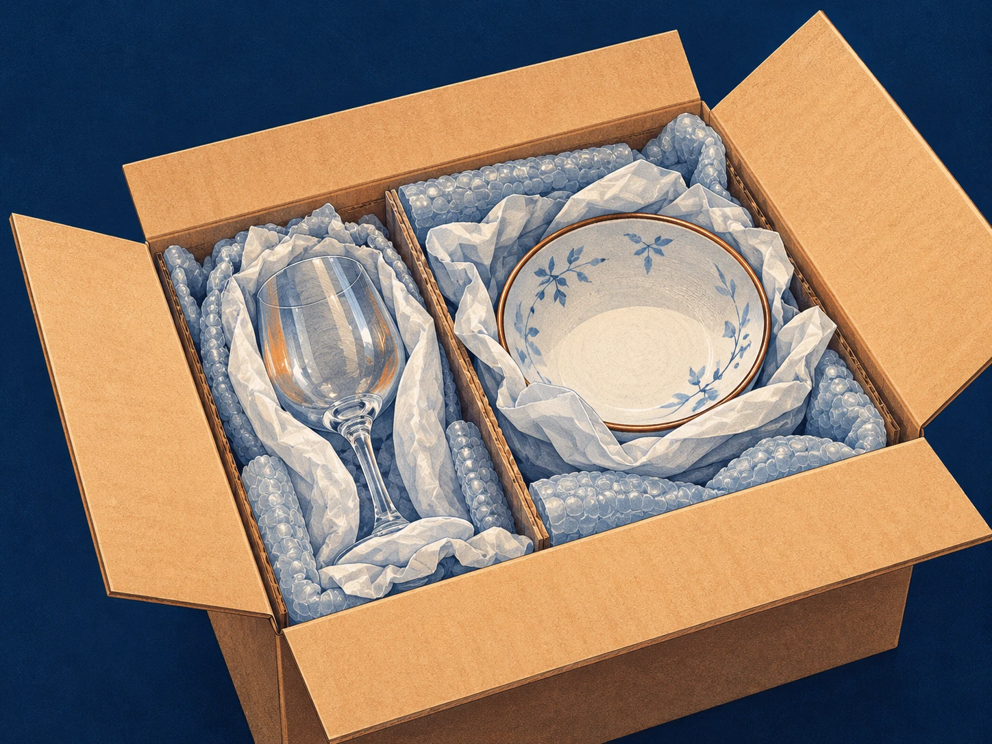 How to Pack Fragile Items for Moving illustration showing a wrapped glass inside a padded box