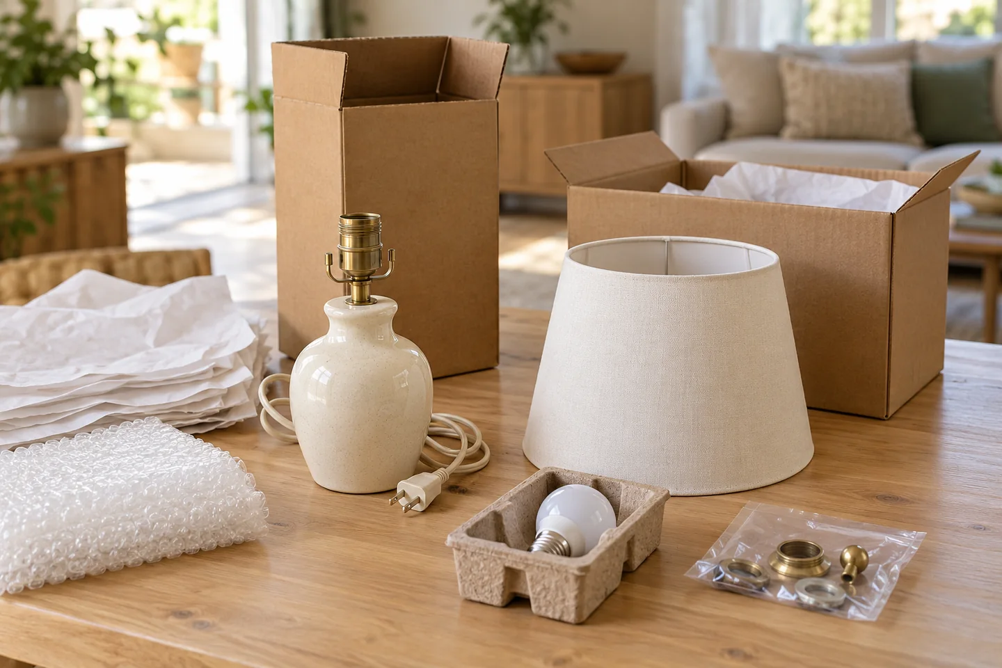 Unplugged table lamp base, separate lampshade, protected bulb, and packing materials beside two moving cartons