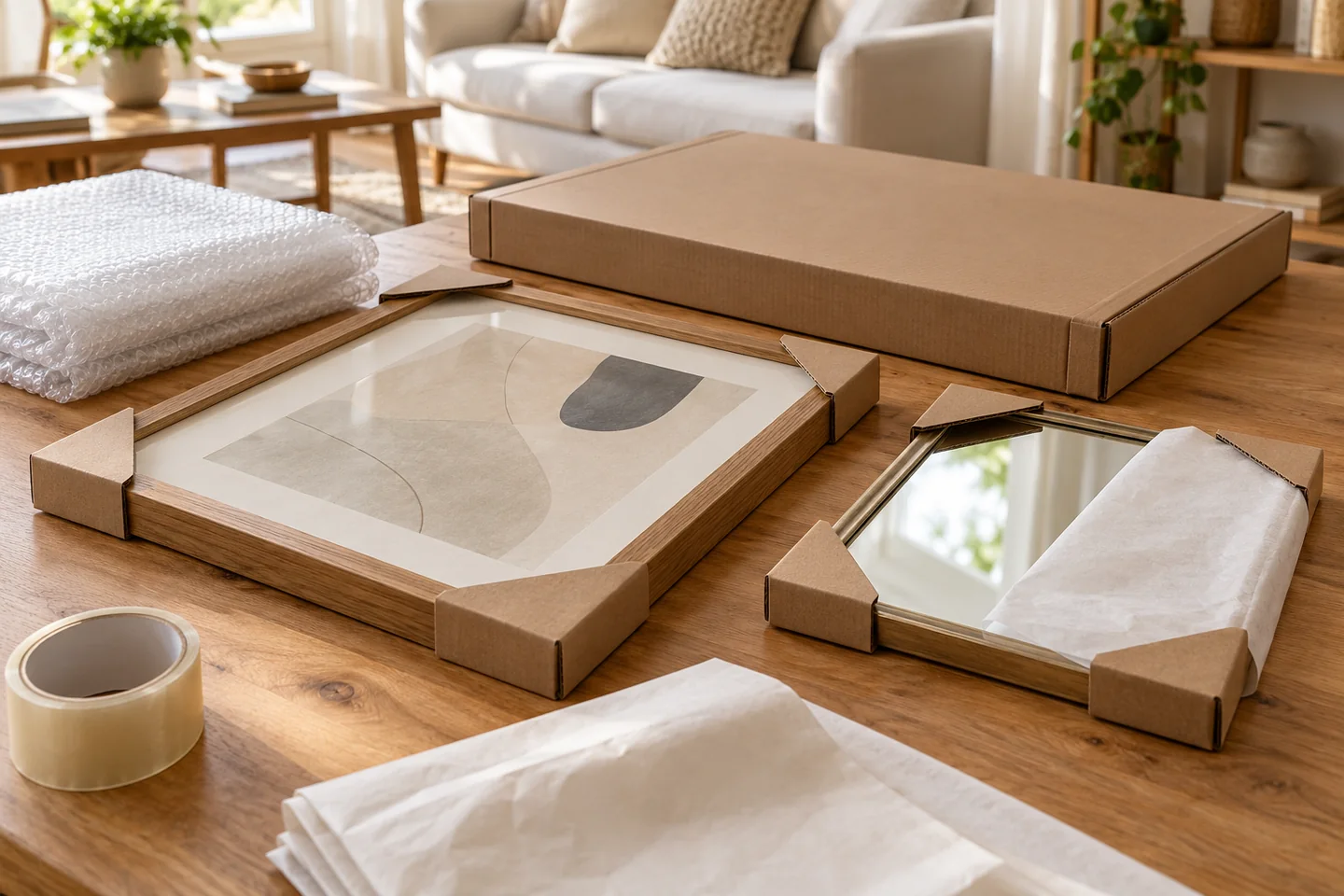 Framed picture and mirror with protective cardboard corners beside cushioning and a fitted picture moving box