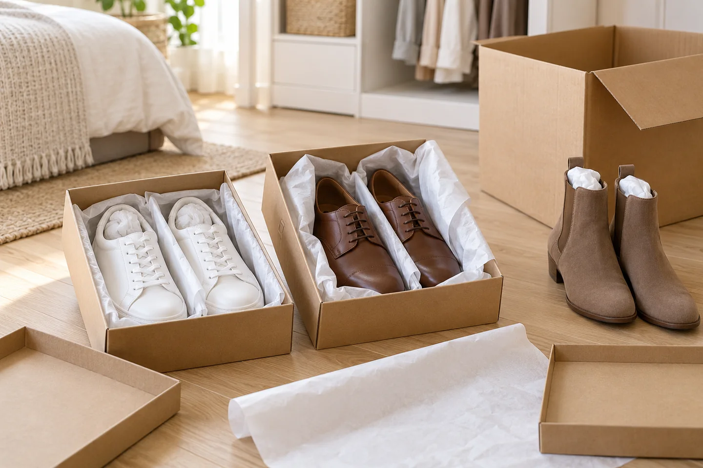 Clean shoes supported with white tissue in individual shoe boxes beside boots and packing paper