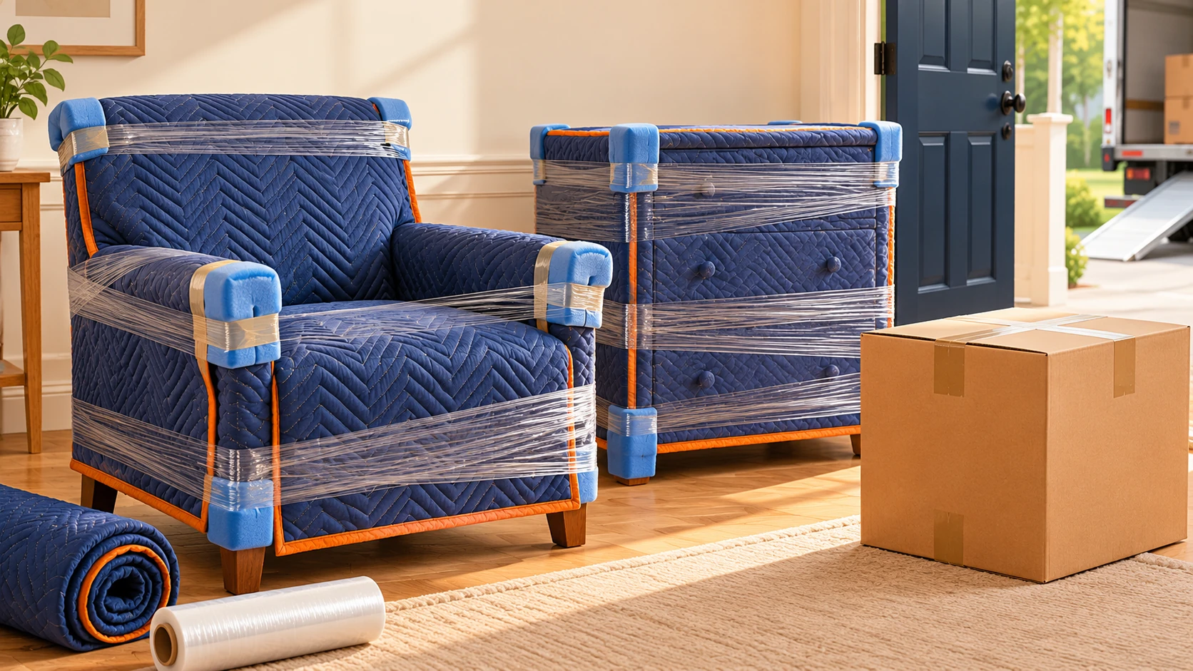 How to protect furniture when moving illustration showing a blanketed chair and dresser with corner protection
