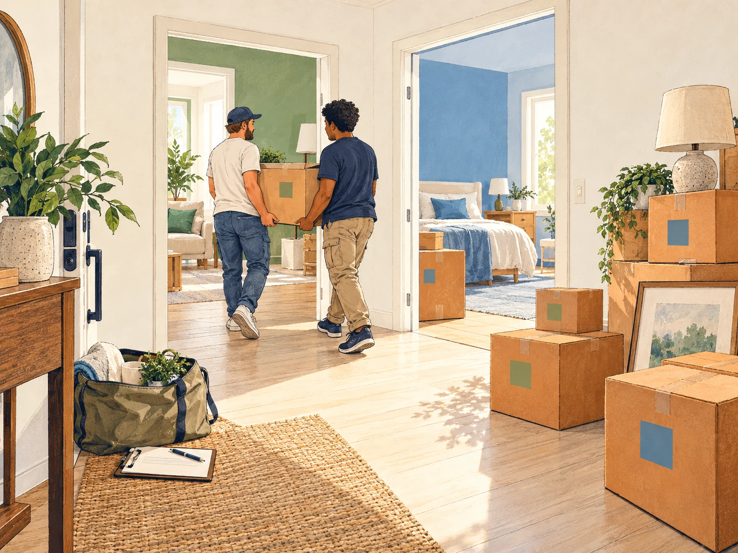 Movers carrying a labeled box through a clear hallway toward rooms with matching color signs