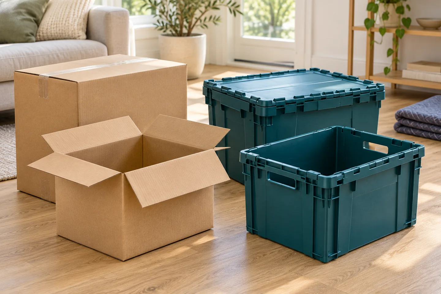 Cardboard moving boxes beside reusable plastic moving crates with closed lids in a bright home