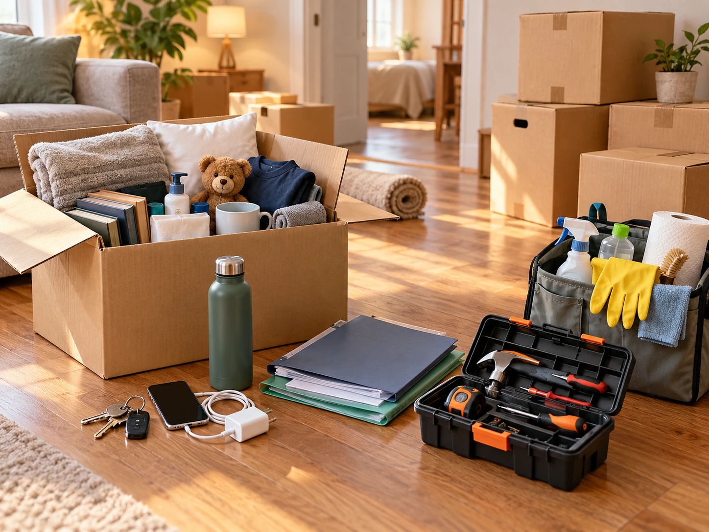 Moving day essentials checklist with documents, phone charger, keys, water, tools, and a first-night box