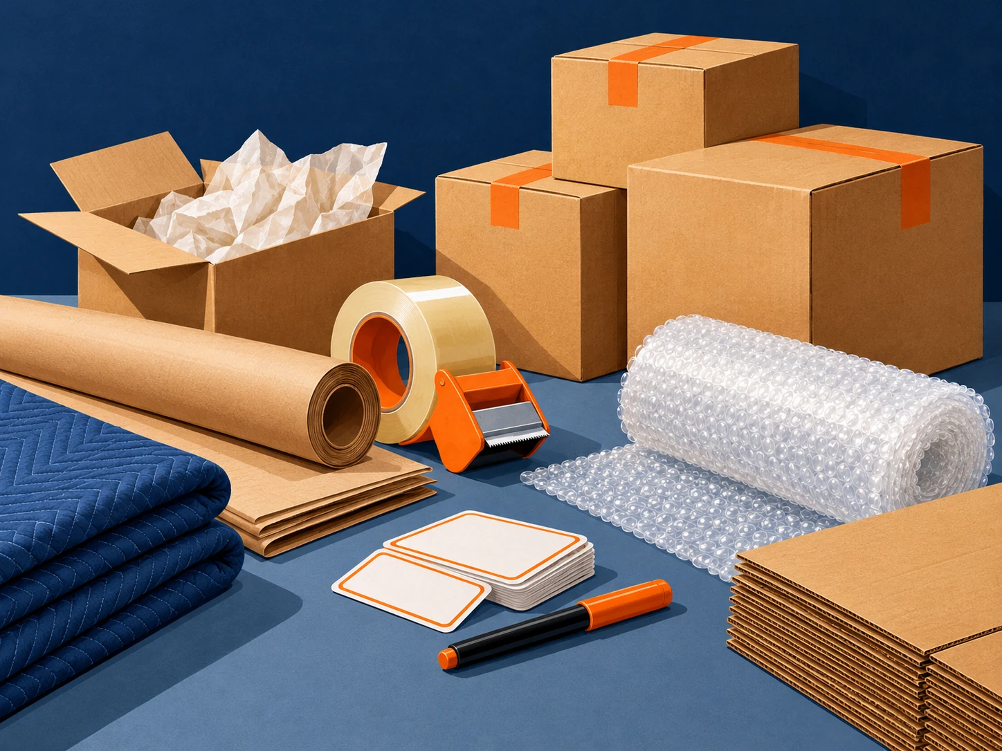 Moving Supplies Checklist illustration showing packing tape, labels, paper, and boxes