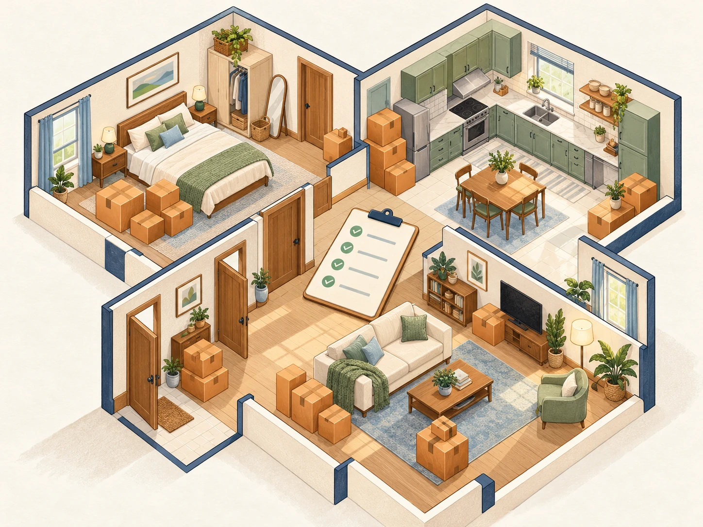Illustration of an apartment with moving boxes grouped in separate rooms and a packing checklist