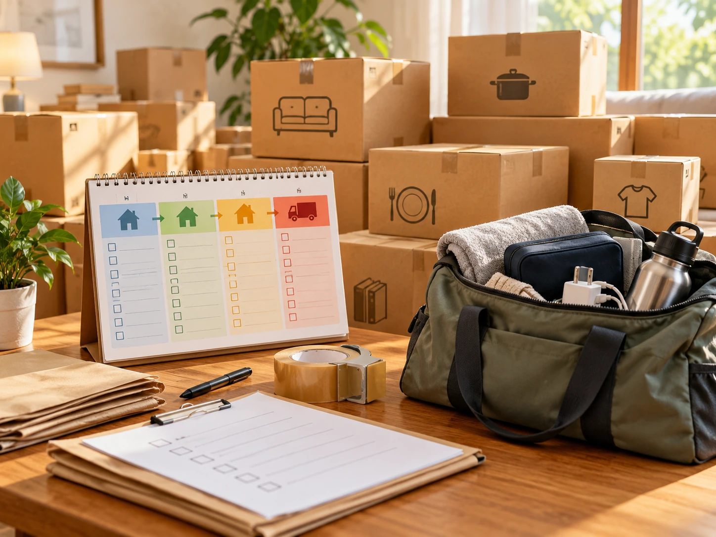 Packing timeline for moving with a calendar, labeled boxes, checklist, and first-night bag