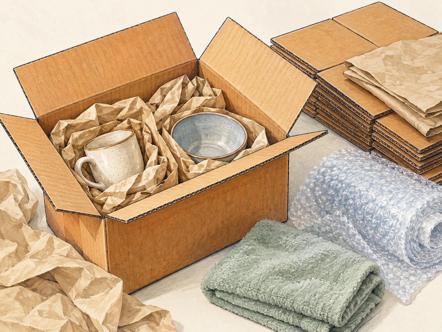 Ceramics protected with clean packing paper in a sturdy box beside reusable cushioning and folded cartons