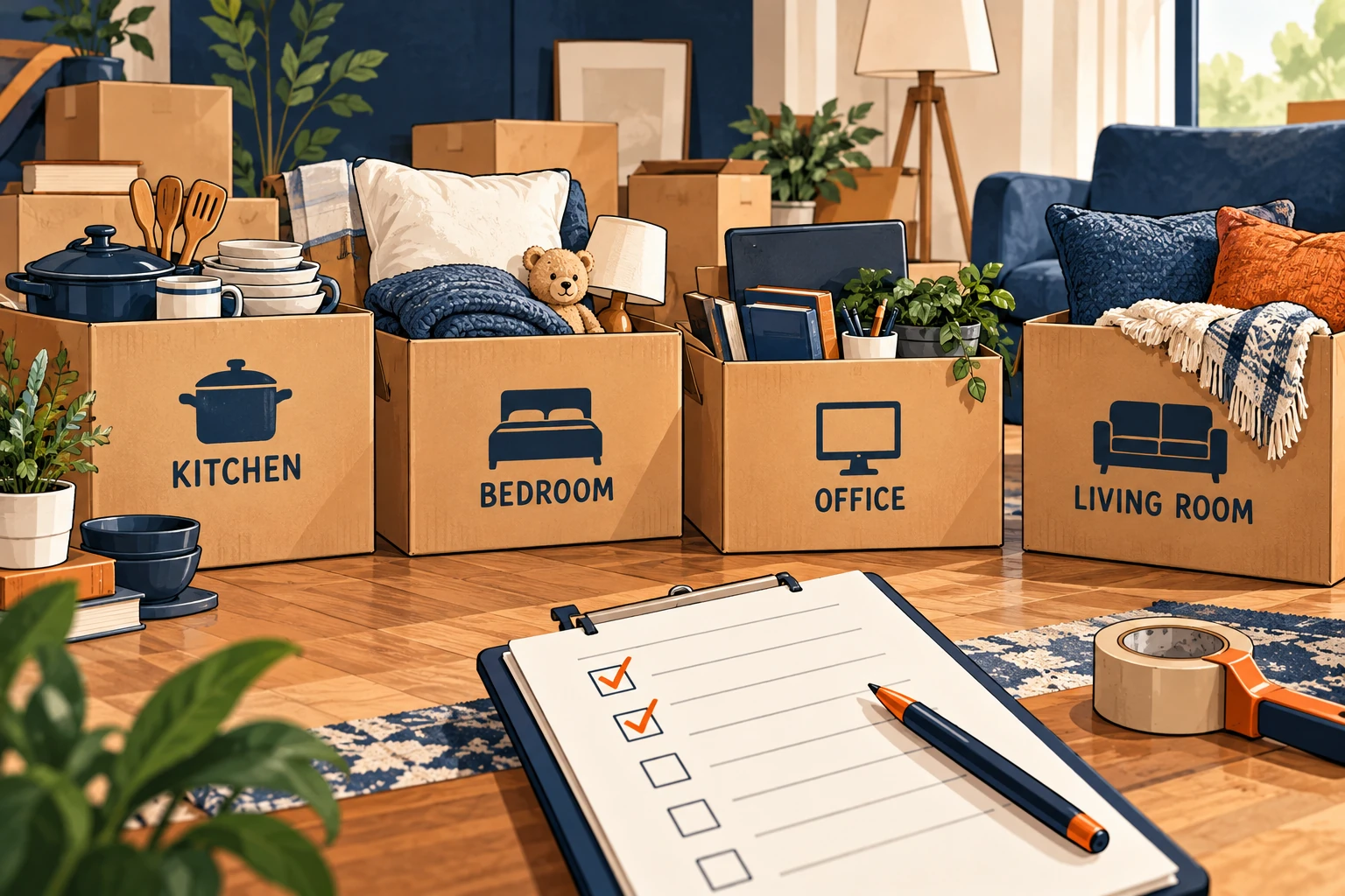 Room-by-room packing checklist illustration showing labeled boxes grouped by room