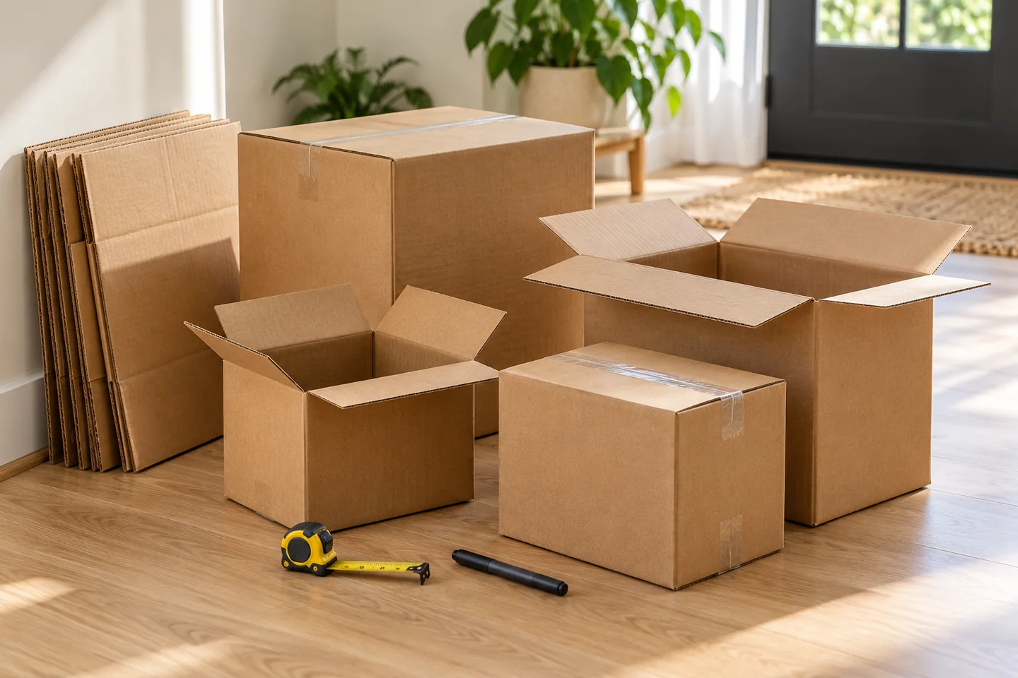 Clean reused moving boxes in several sizes with flattened cartons ready for collection beside them